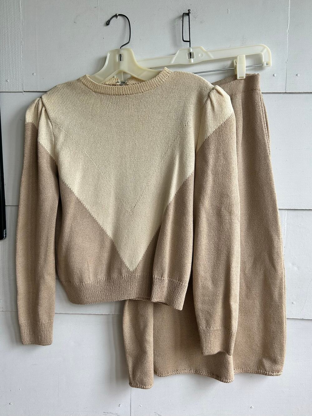 St. John For Jacobsen's 2 Piece Skirt Sweater Set Cream and Light Brown See